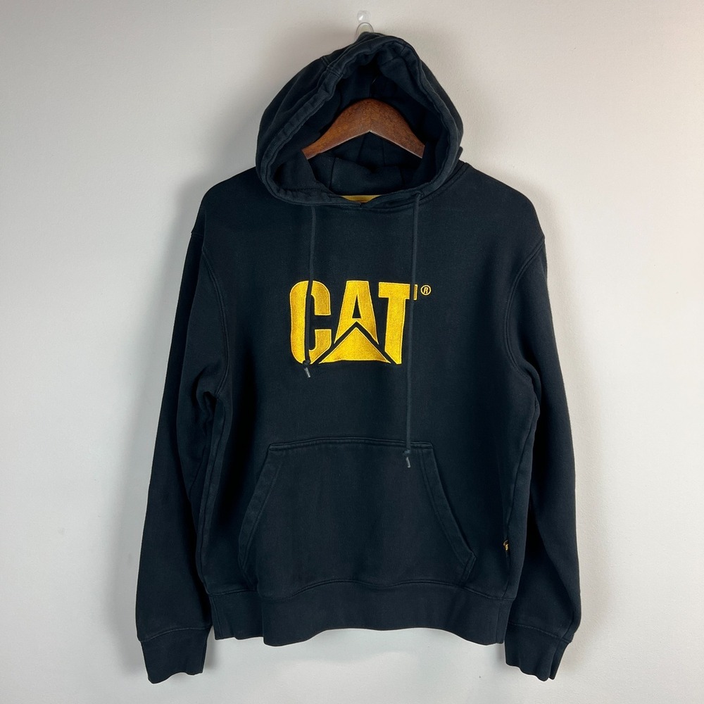CAT Hoodie Sweatshirt Mens Medium Black Yellow Pullover Logo Kangaroo Pocket M